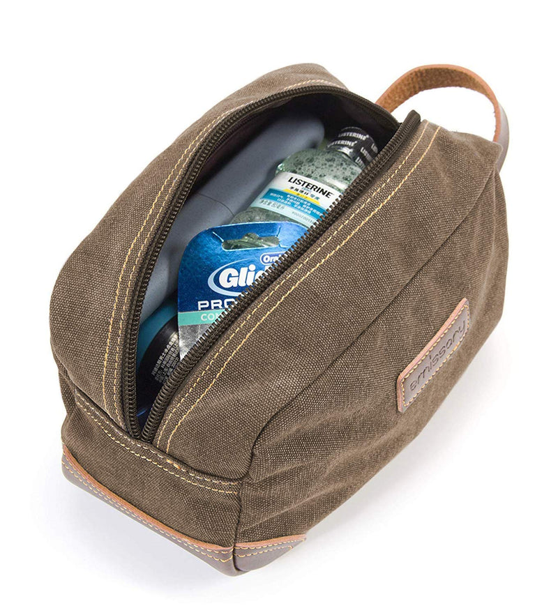 emissary Men's Toiletry Bag Leather and Canvas Travel Toiletry Bag Dopp Kit for Men Shaving Bag for Travel Accessories（Coffee) emissary
