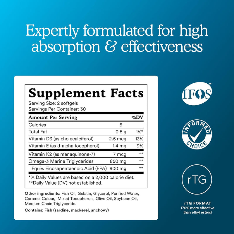 MitoQ Advanced EPA Omega-3 – High-Purity 800mg EPA Fish Oil Supplement | with Vitamin K2, D3, E | Cardiovascular, Brain, Cellular Support | No Fishy Aftertaste | 60 Softgels Infinity Warehouse