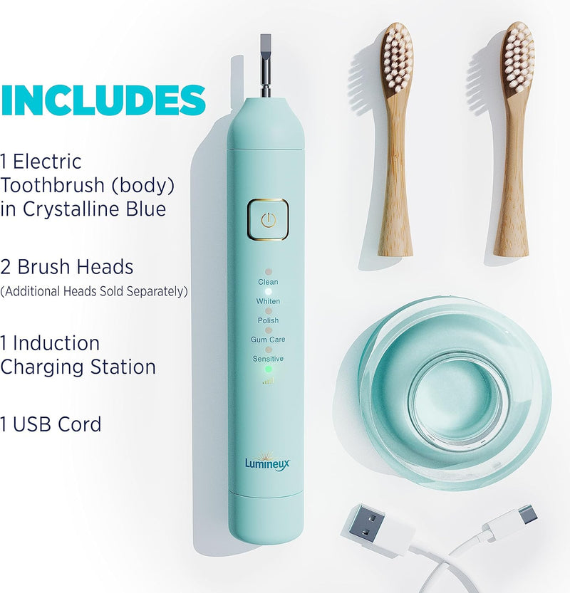 Lumineux Teeth Whitening Sonic Bamboo Electric Toothbrush for Adults - Includes 2 Soft Bristle Replaceable Bamboo Toothbrush Heads, Charging Station & USB Charge Cord - Rechargeable, Light Blue