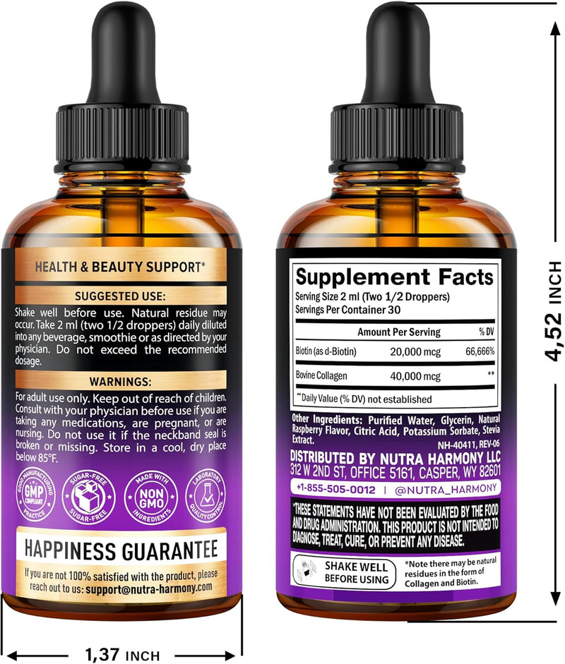 Liquid Biotin & Collagen - Vitamins for Hair Growth Support for Women & Men - Extra Strength 60000 mcg Drops - B7 Supplement - Strong Nails & Healthy Skin - 98% Faster Absorption Than Pills Infinity Warehouse