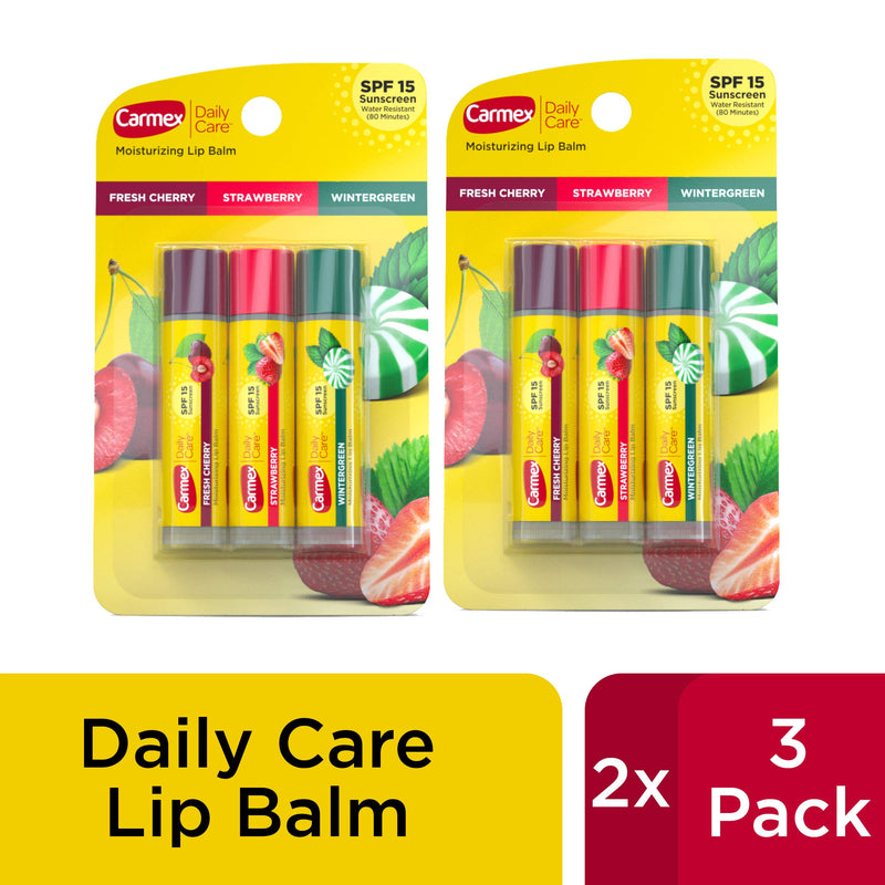 Carmex Daily Care Moisturizing Lip Balm Sticks with SPF, Fresh Cherry, Strawberry and Wintergreen Lip Balm Pack, 0.15 OZ - 3 Count (Pack of 2) Carmex
