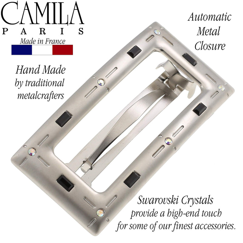 Camila Paris GA252 2.5 Inch Square Hair Barrette Clip Metal Silver, French Hair Accessories for Women, Handmade with Swarovski Crystals Stones. Styling Girls Hair Ornaments. Made in France Camila