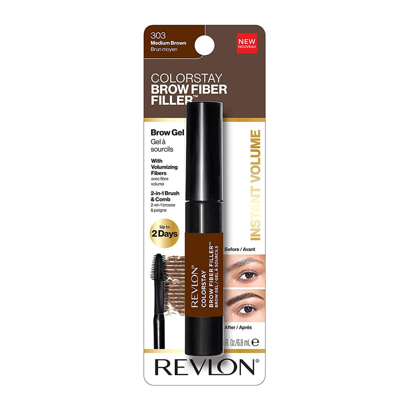 Revlon ColorStay Brow Fiber Filler, Longwearing & Volumizing Waterproof Eyebrow Gel, 303 Medium Brown, 0.23 fl. oz. REVLON Store