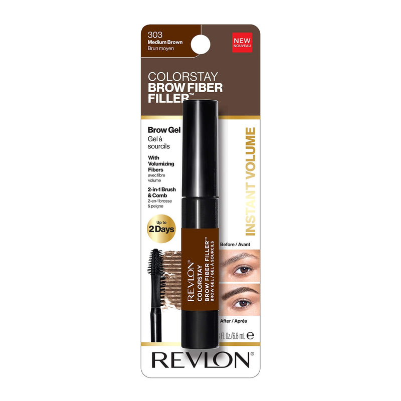 Revlon ColorStay Brow Fiber Filler, Longwearing & Volumizing Waterproof Eyebrow Gel, 303 Medium Brown, 0.23 fl. oz. REVLON Store