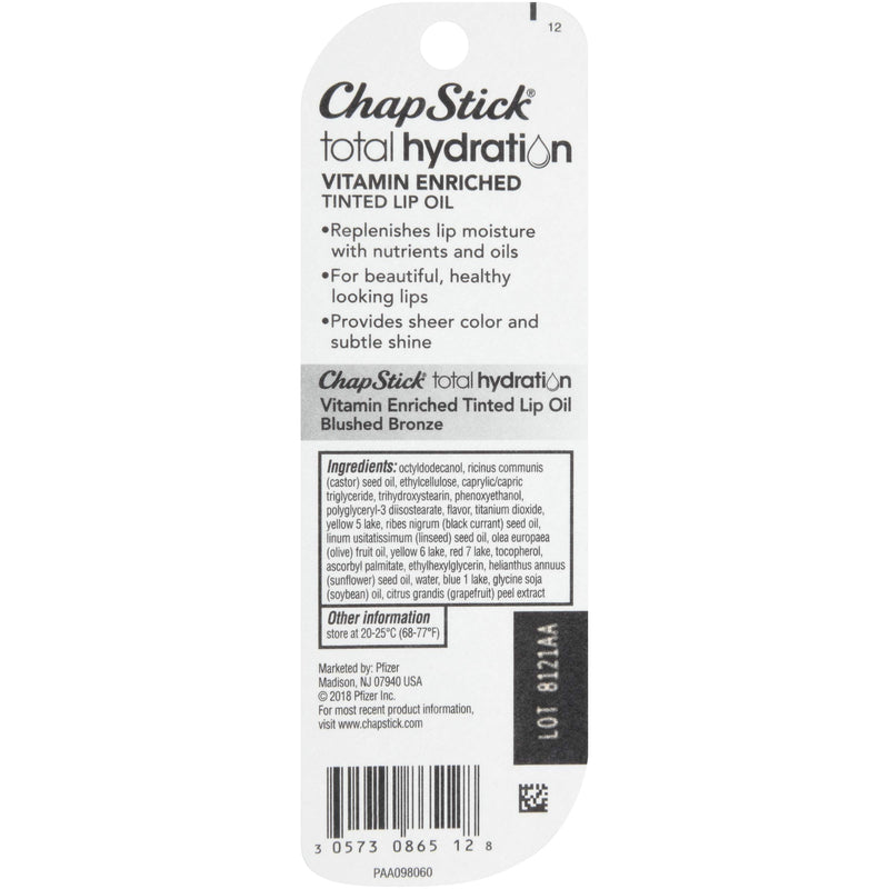 ChapStick Total Hydration Vitamin Enriched Tinted Lip Oil (Blushed Bronze, 1 Tube), Vitamin C, Vitamin E, Contains Omega 3 6 9, 0.24 Ounce ChapStick
