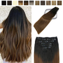 Clip in Hair Extensions Human Hair Ombre Natral Black Fading to Medium Brown Hair Extensions Natural Real Remy Hair Extensions 16Inch Double Weft Stainless Clips Thick Full Head 120g 7PCS Lashup