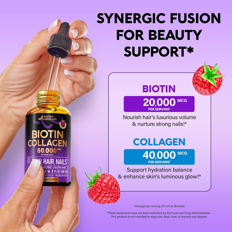 Liquid Biotin & Collagen - Vitamins for Hair Growth Support for Women & Men - Extra Strength 60000 mcg Drops - B7 Supplement - Strong Nails & Healthy Skin - 98% Faster Absorption Than Pills Infinity Warehouse