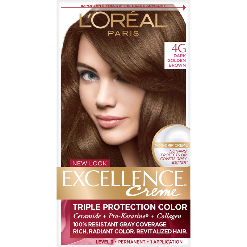 L'Oreal Paris Excellence Creme Permanent Hair Color, 4G Dark Golden Brown, 100 percent Gray Coverage Hair Dye, Pack of 1 L'Oreal Paris