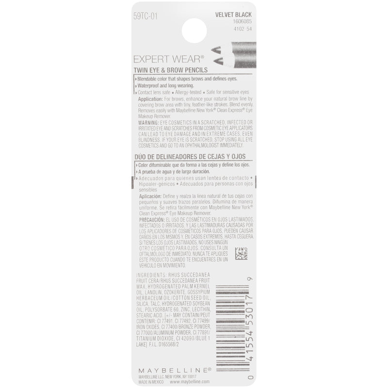 Maybelline New York Makeup Expert Wear Twin Eyebrow Pencils and Eyeliner Pencils, Velvet Black Shade, 2 Count (Pack of 1) Maybelline New York