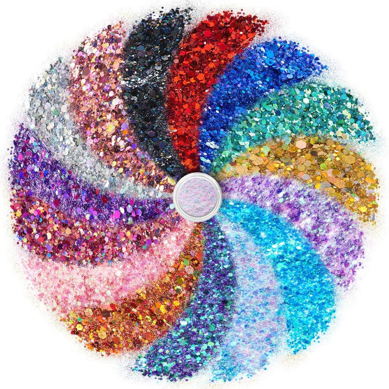 Chunky Cosmetic Holographic Glitter I Body, Face & Hair Safe I 16 Pack + 1 Glitter Glue SoJourner Bags