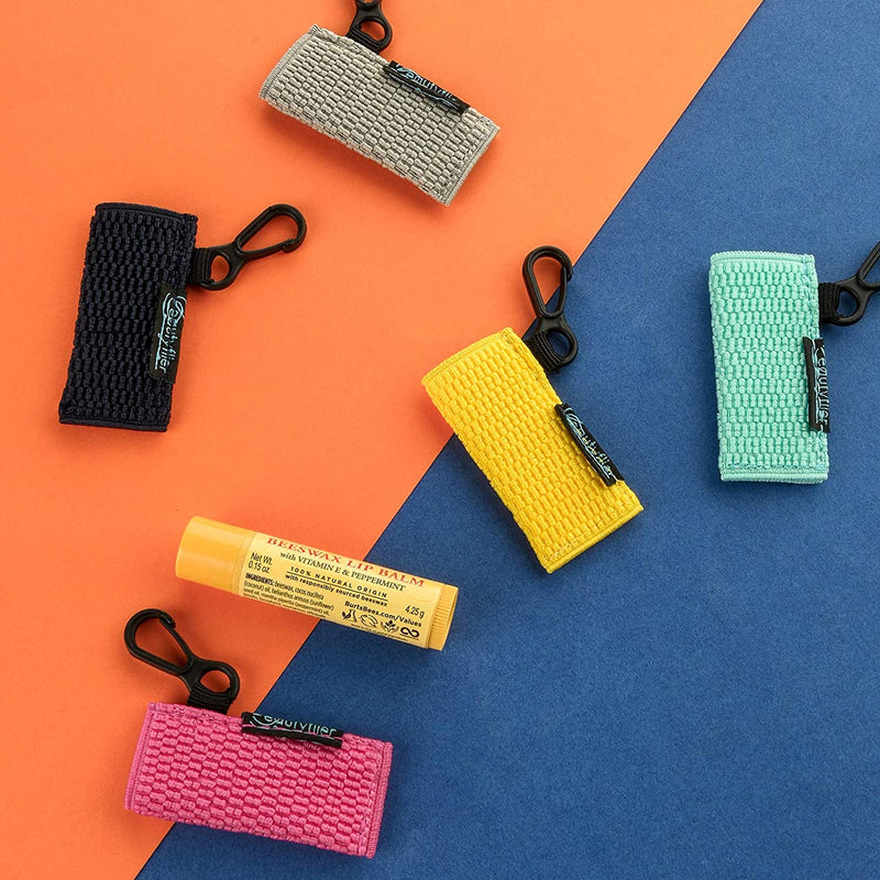 Beautyflier Clip-on Sleeve Chapstick Pouch Keychain Lipstick Holder Elastic Lip Balm Holster Travel Accessories (Hot Pink/Robin Egg Blue/Yellow/Dark Blue/Gray) Beautyflier