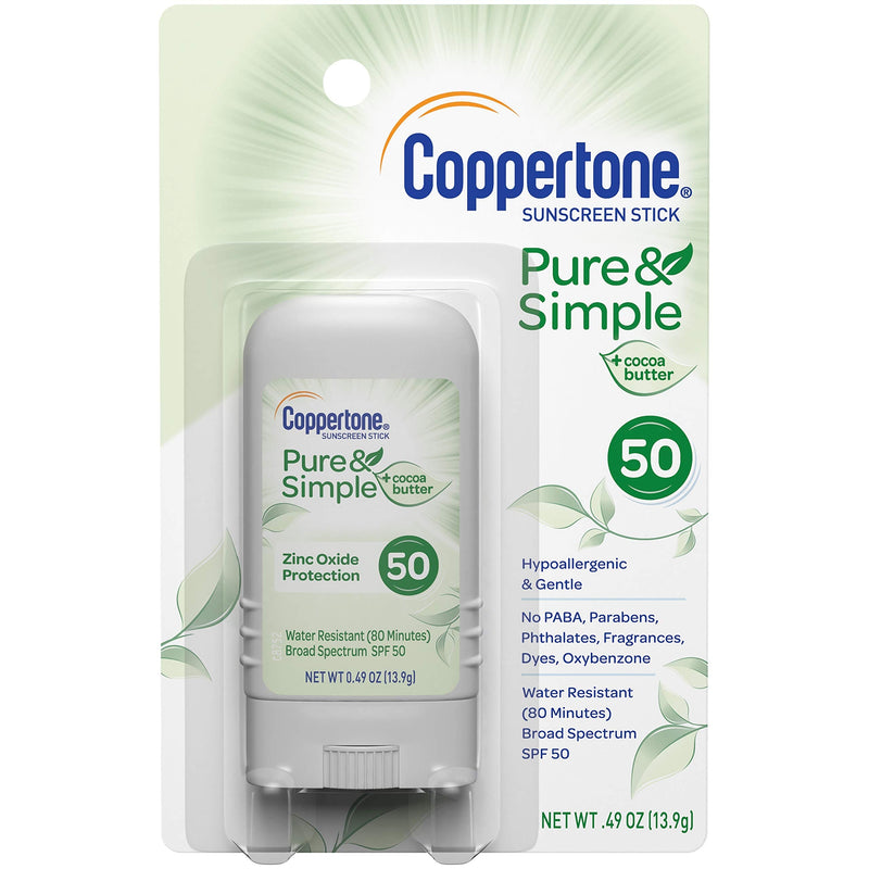 Coppertone Pure and Simple Zinc Oxide Mineral Sunscreen Stick SPF 50, Face Sunscreen Stick, Water Resistant, Broad Spectrum SPF 50 Sunscreen for Sensitive Skin, 0.49 Oz Stick Coppertone
