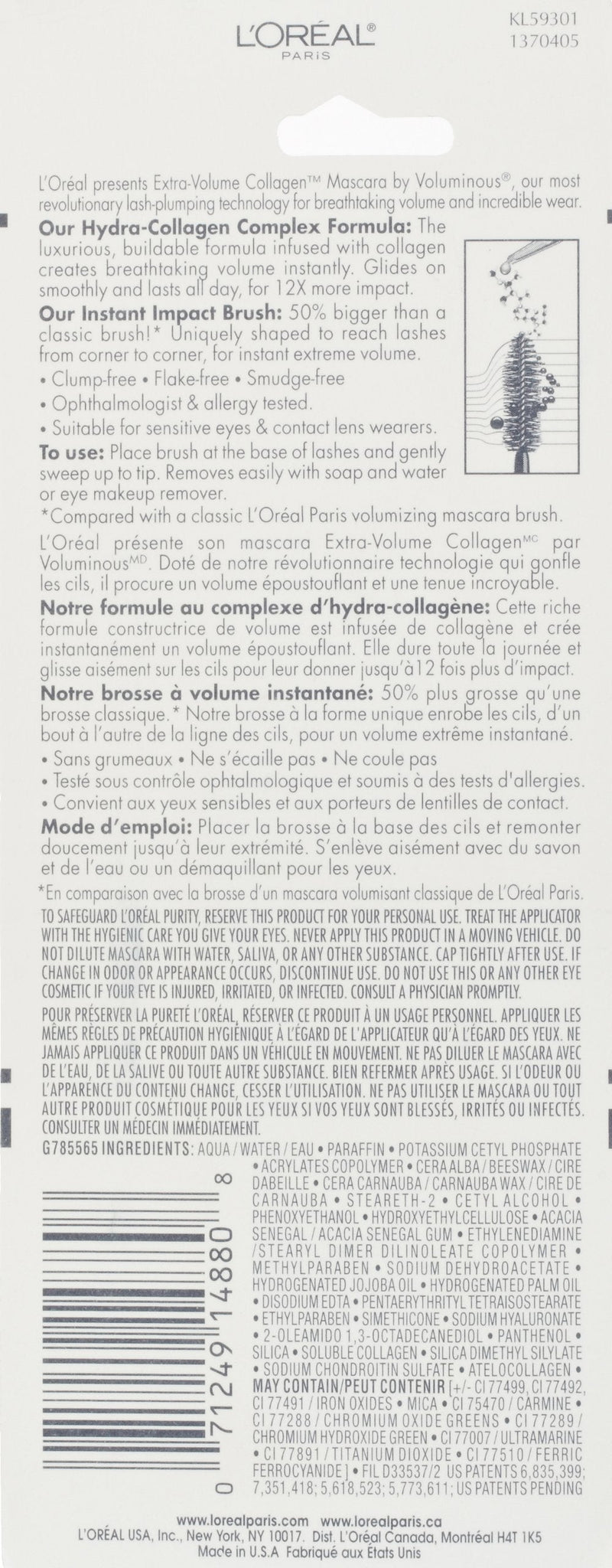 L'Oreal Paris Voluminous Extra Volume Collagen Washable Mascara, Black, 1 Tube L'Oreal Paris