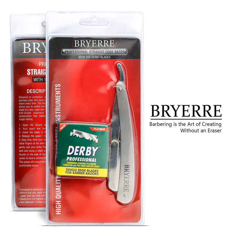 BRYERRE Professional Barber Straight Razor Safety Edge with 100-Pack Derby Blades 100 Percent Stainless Steel for Smooth Shave (Silver) BRYERRE