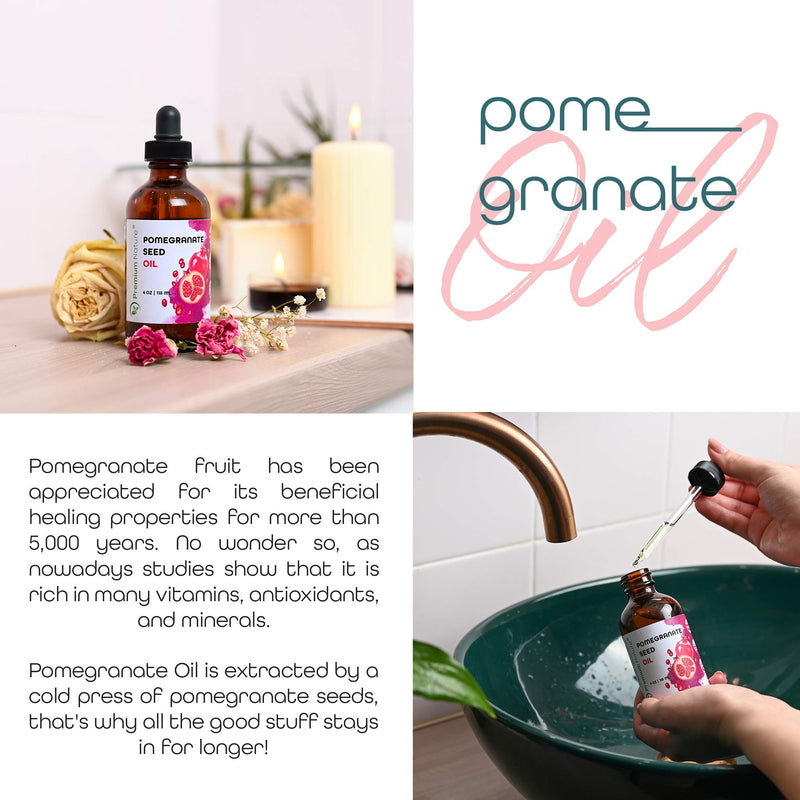 Organic Pomegranate Seed Face Oil. 100% Pure Unrefined Cold Pressed for Essential Oils. Rejuvenates Hair, Promotes Skin Elasticity. Gua Sha Oil. Antioxidant Moisturizer for Hair Skin and Nails 4 oz Premium Nature