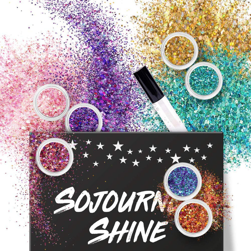 Chunky Cosmetic Holographic Glitter I Body, Face & Hair Safe I 16 Pack + 1 Glitter Glue SoJourner Bags