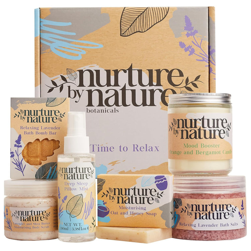 Nurture by Nature RELAX & CALM Spa Kit - Birthday Gifts for Women - Spa Gift Baskets For Women, 6-in-1 Self Care Kit, Bath Sets Gift - Lavender Pillow Mist, Bath Salts, Body Scrub, Bath Bomb Infinity Warehouse