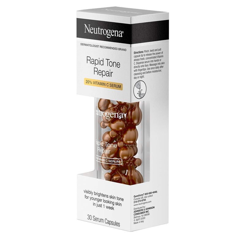 Neutrogena Rapid Tone Repair 20% Vitamin C Brightening Serum Capsules, Antioxidant Face Serum to Brighten Look of Dark Spots & Even Skin Tone, Oil-Free, 30 Serum Capsules Neutrogena