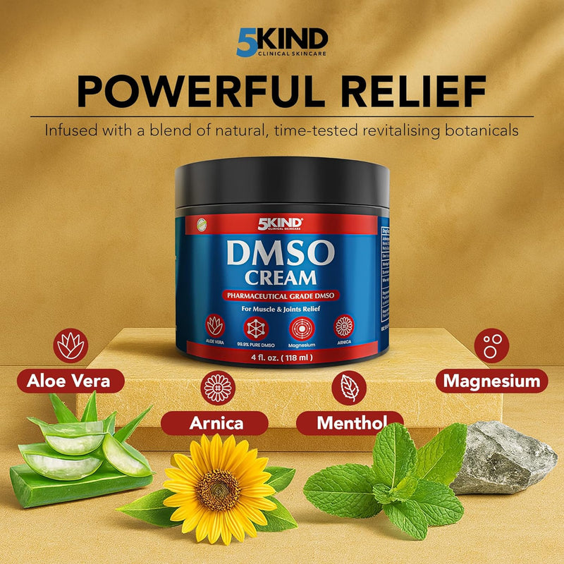 5Kind DMSO Cream for Pain Relief 4 fl oz - 99.9% Pure DMSO Pharmaceutical Grade Cream - Aloe Vera, Magnesium, Arnica & Menthol - Topical Muscle and Joint Pain Relief - Registered NDC - Made in USA Infinity Warehouse