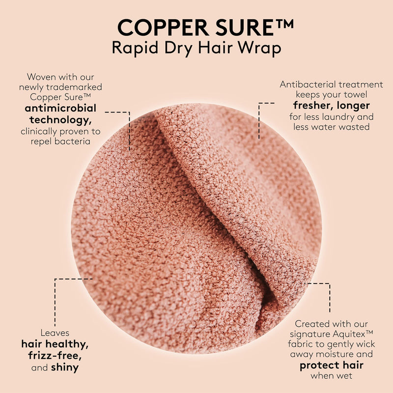 AQUIS COPPER SURE Rapid Dry Microfiber Hair Wrap, Button-Loop Closure Turban Shape, Odor-Resistant Clean Towel Technology, Ultra-Absorbent for Healthier Hair Drying, (10"" x 29"") AQUIS