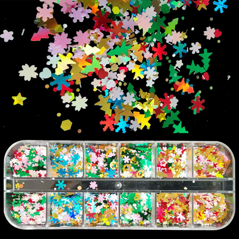 24 Boxes Nail Art Sequins, Tingbeauty Heart Shape Star Snowflake Christmas Tree Laser Sequins, Flakes Colorful Confetti Nail Glitter for DIY Design Face Body Make Up Christmas Decorations Tingbeauty