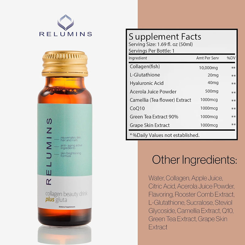 Relumins Advance Rejuvenating Collagen Beauty Drink with Glutathione, Hyaluronic, CoQ10, EGCG, Resveratrol & More - Fight Signs of Aging with All-Natural Ingredients - Apple Flavor- Ten 50mL Drinks Infinity Warehouse