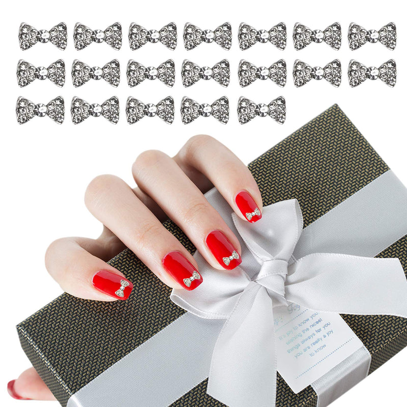 AUEAR, Charming 3D Nail Art Charms Bow Tie Rhinestones Crystal Pendant Decals DIY Decoration for Women Girls Nail Art Beauty Design Jewelry Craft (Silver, 40 Pack) AUEAR