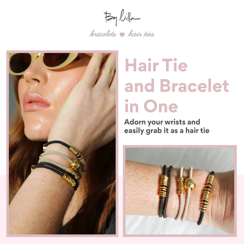 By Lilla Downtown Mini Stack Elastic Hair Ties and Bracelets | Set of 5 Hair Tie-Bracelets | Hair Accessories for Women | No Crease Hair Ties & Women’s Bracelets (Black / Gold / Nude / Brown) By Lilla