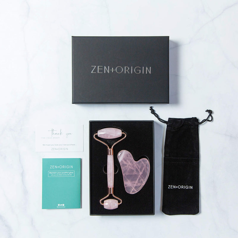 Rose Quartz Roller and Gua Sha Set, 100% Natural Rose Quartz Stone Face Roller, Anti-Wrinkle Anti-Aging Skin Care Tool, Facial Roller, Face Massager for Skin Firming and Stress Relief, Rose Gold ZEN + ORIGIN
