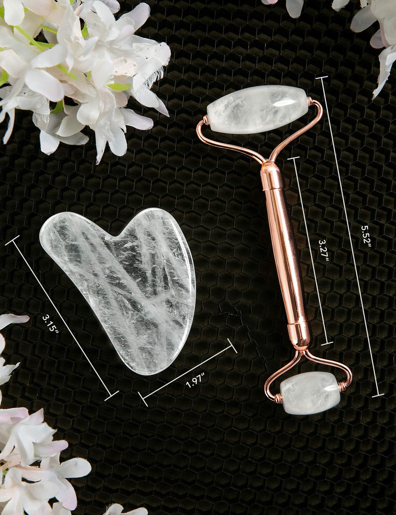 HANABEE Rose Quartz Facial Roller Jade Roller Gua Sha Facial Tools Face Roller and Gua Sha Massage Tool Body gua-sha Scalp Beauty Gift for Women Face Roller Massager (White Quartz) HANABEE