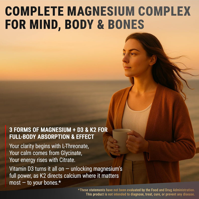 Magnesium Complex L-Threonate, Glycinate, Citrate with Vitamin D3 10,000 IU & K2 MK-7 – Brain, Bone & Immune Support – 60 Vegan Capsules – High Absorption, Non-GMO Infinity Warehouse