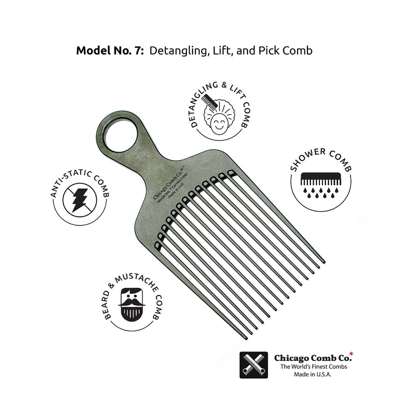 Chicago Comb Model 7 Carbon Fiber Pick Comb, for Long Thick Curly & Afro Hair, Black Color, 6 inches (15 cm) Chicago Comb