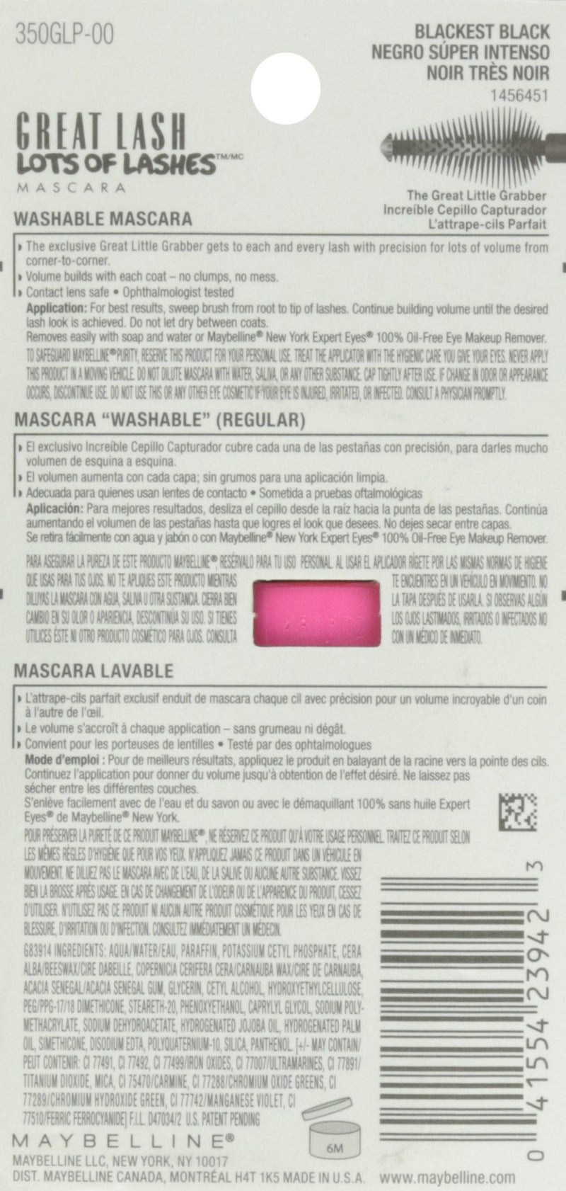 Maybelline Makeup Great Lash Lots Of Lashes Washable Mascara, Blackest Black Mascara, 0.43 fl oz Maybelline New York