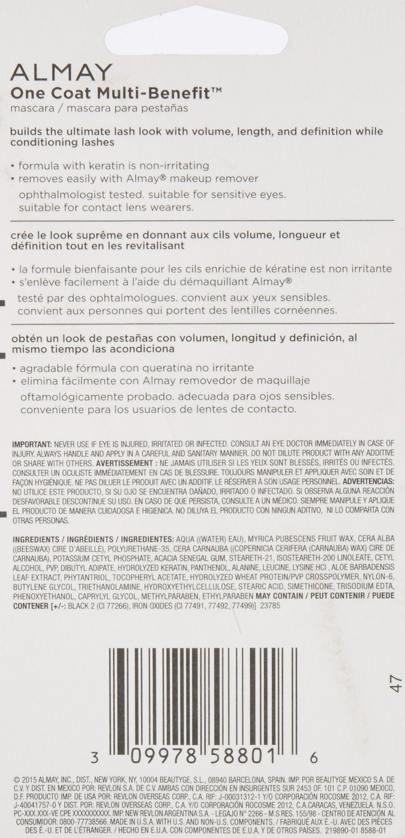 Mascara by Almay, Volume, Length, Definition & Conditioning, Multi-Benefit Eye Makeup, Hypoallergenic and Fragrance Free, 501 Blackest Black, 0.24 Fl Oz Almay