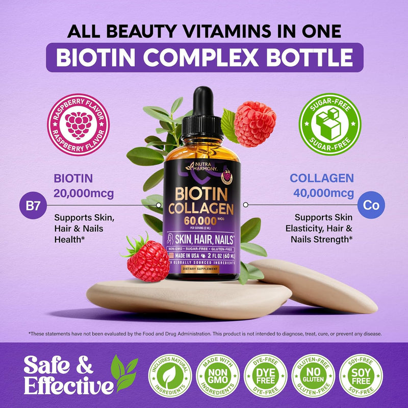 Liquid Biotin & Collagen - Vitamins for Hair Growth Support for Women & Men - Extra Strength 60000 mcg Drops - B7 Supplement - Strong Nails & Healthy Skin - 98% Faster Absorption Than Pills Infinity Warehouse
