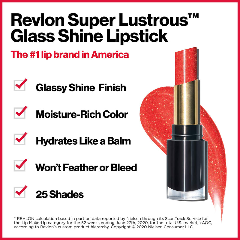 REVLON Super Lustrous Glass Shine Lipstick, Flawless Moisturizing Lip Color with Aloe, Hyaluronic Acid and Rose Quartz, Beaming Strawberry (002), 0.15 oz REVLON