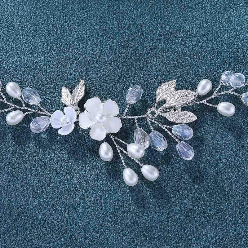 Aukmla Bride Wedding Crystal Hair Vine Pearls Head Pieces Leaf Hair Accessories for Women (Silver) Aukmla