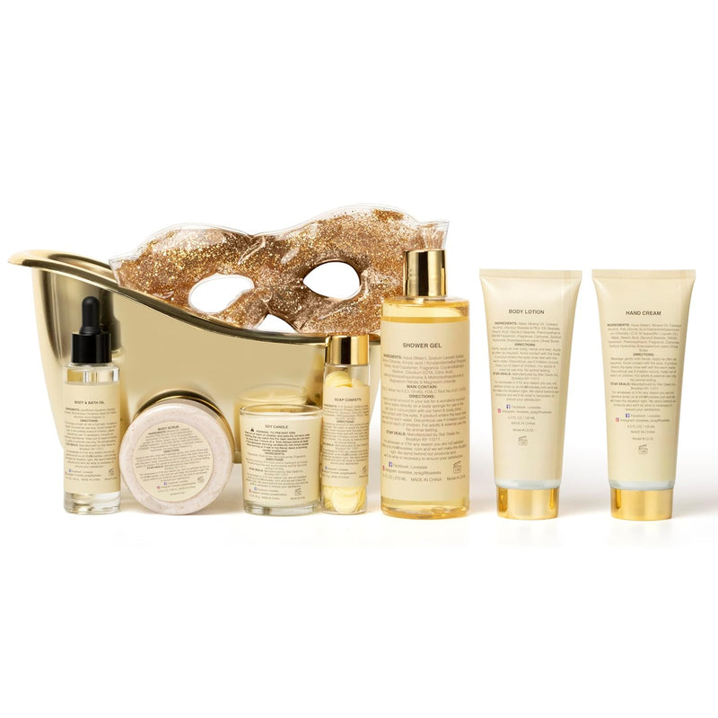 Valentines Day Spa Gift Basket for Women, Vanilla Bath & Body Set, Christmas & Birthday Gift, Includes Shower Gel, Body Lotion, Hand Cream, Body Scrub, Message Oil, Candle, Eye Mask, Confetti