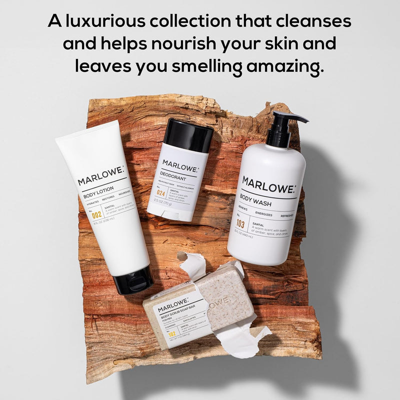 MARLOWE. Men's Grooming Santal Body Set, Features No. 102 Scrub Soap Bar, No. 024 Deodorant & No. 002 Body Lotion, Warm Amber, Sandalwood & Citron Scent Infinity Warehouse