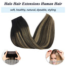 GOO GOO Human Hair Extensions Natural Black to Light Blonde, 100g Halo Hair Extensions 20 Inch Straight Real Hair Extensions with Fish Line Invisible Wire Hidden Crown Hair Extensions Hairpiece GOO GOO Store