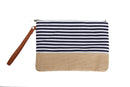 Cotton Canvas Two-Tone Cosmetic Bag Make Up Clutch Bag (10.5"W x 7.5"H, Navy Stripe (Jute Bottom)) Leisureland