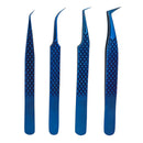 M LASH Set Of 4 Diamond Grip Eyelash Extensions Tweezers - Japanese Steel Lash Supply (Blue) M