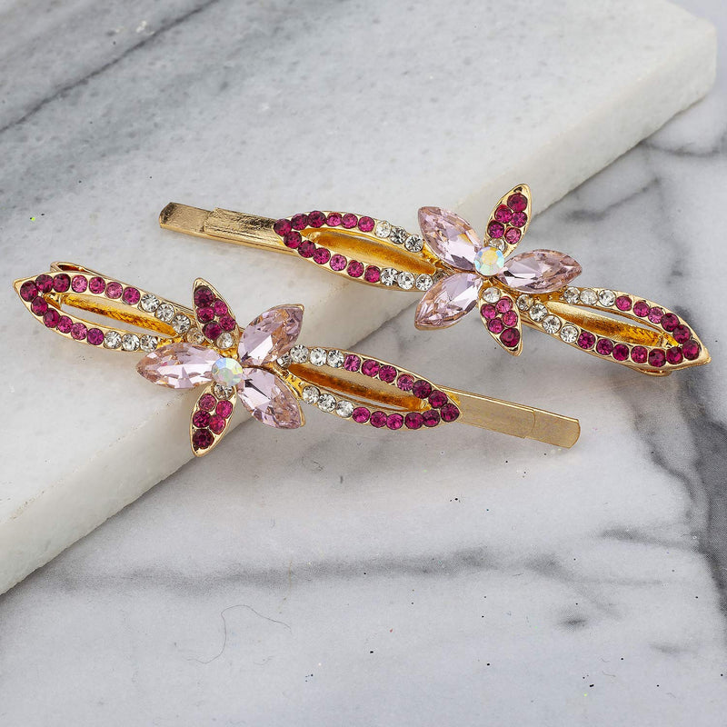 LUX ACCESSORIES Set of 2 Gold Flowers White Pink Marquise Hair Pins LUX ACCESSORIES