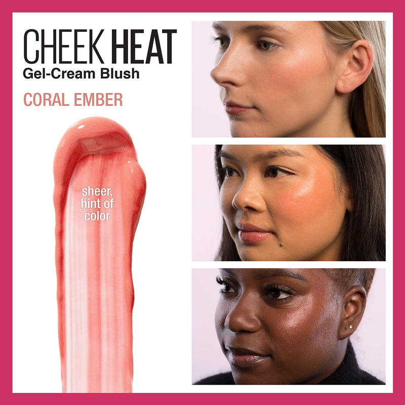 Maybelline Cheek Heat Gel-Cream Blush Makeup, Lightweight, Breathable Feel, Sheer Flush Of Color, Natural-Looking, Dewy Finish, Oil-Free, Coral Ember, 0.27 Fl Oz Maybelline New York