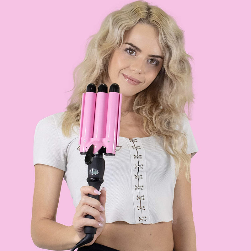 3 Barrel Curling Iron Wand Dual Voltage Hair Crimper with LCD Temp Display - 1 Inch Ceramic Tourmaline Triple Barrels, Temperature Adjustable Portable Hair Waver Heats Up Quickly (Pink) Aleath