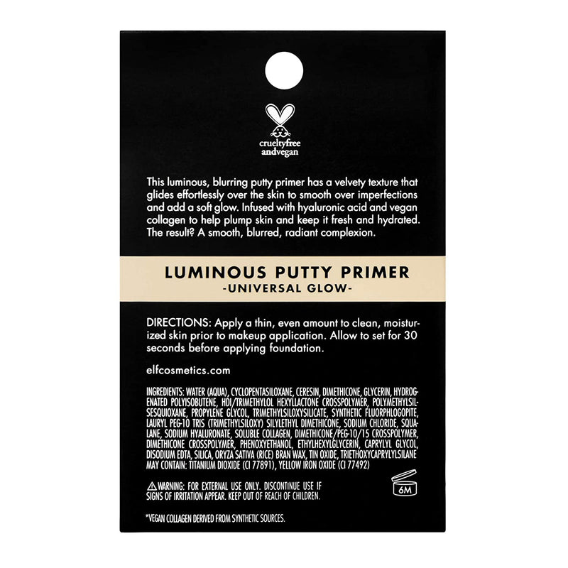 e.l.f, Luminous Putty Primer, Skin Perfecting, Lightweight, Silky, Long Lasting, Hydrates, Creates a Smooth Base, Illuminates, Plumps, Infused with hyaluronic acid and vegan collagen, 0.74 Oz e.l.f.
