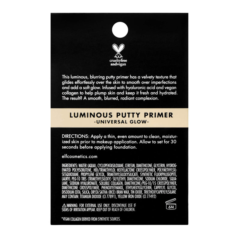 e.l.f, Luminous Putty Primer, Skin Perfecting, Lightweight, Silky, Long Lasting, Hydrates, Creates a Smooth Base, Illuminates, Plumps, Infused with hyaluronic acid and vegan collagen, 0.74 Oz e.l.f.