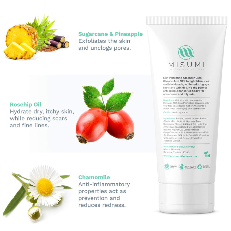 Glycolic Acid Face Wash Acne Cleanser – Alpha Hydroxy Acid 10%, Rosehip, Chamomile, Seaweed Formula – AHA Firming Anti Aging Serum for Clogged Pores, Blackheads and Wrinkles Misumi Skincare