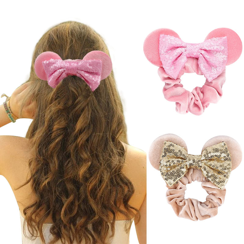 DRESHOW Mouse Ears Sequin Bow Velvet Scrunchies Elastic Hair Tie Ponytail Holder Hair Accessories DRESHOW