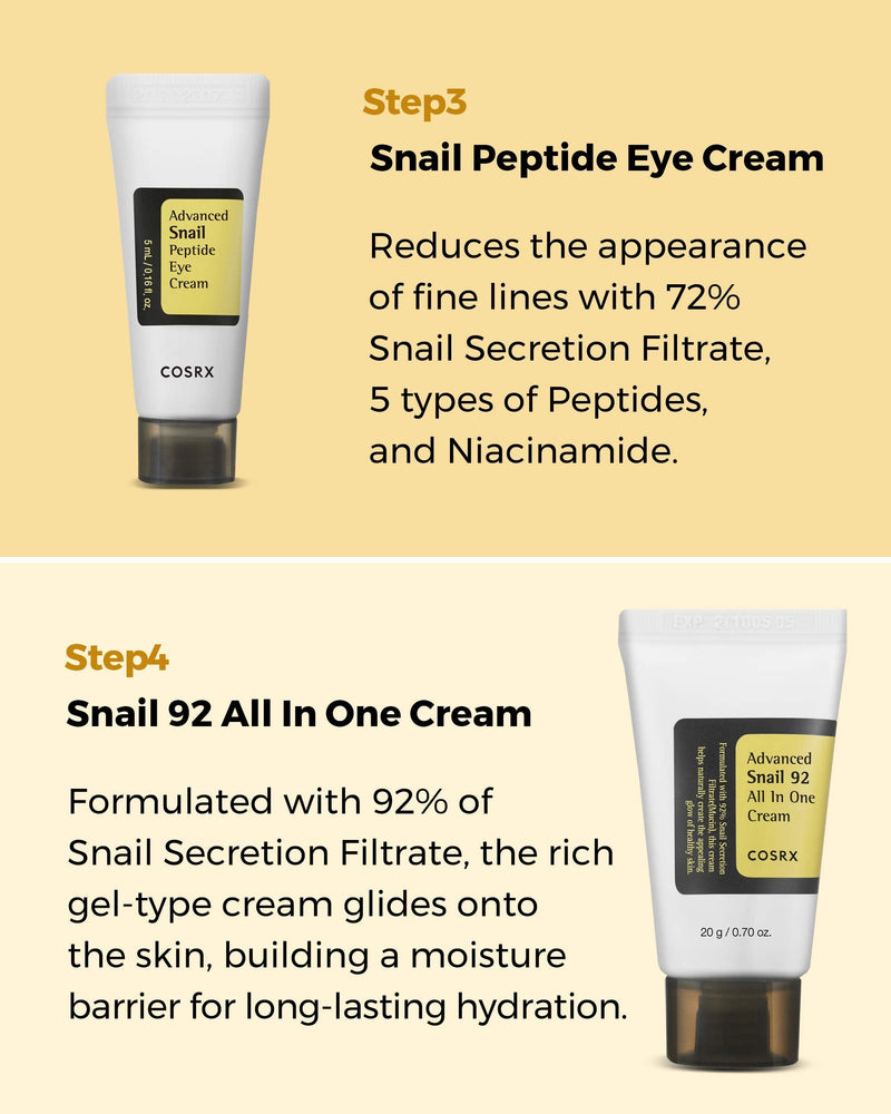 COSRX All About Snail Korean Skincare | TSA Approved Travel Size, Gift Set |Cleanser, Essence, Cream, Eye-cream | Snail Mucin for Repairing, Recovering, Rejuvenating COSRX